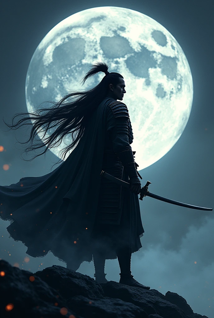 create a samurai stamped on the moon and his long hair flowing