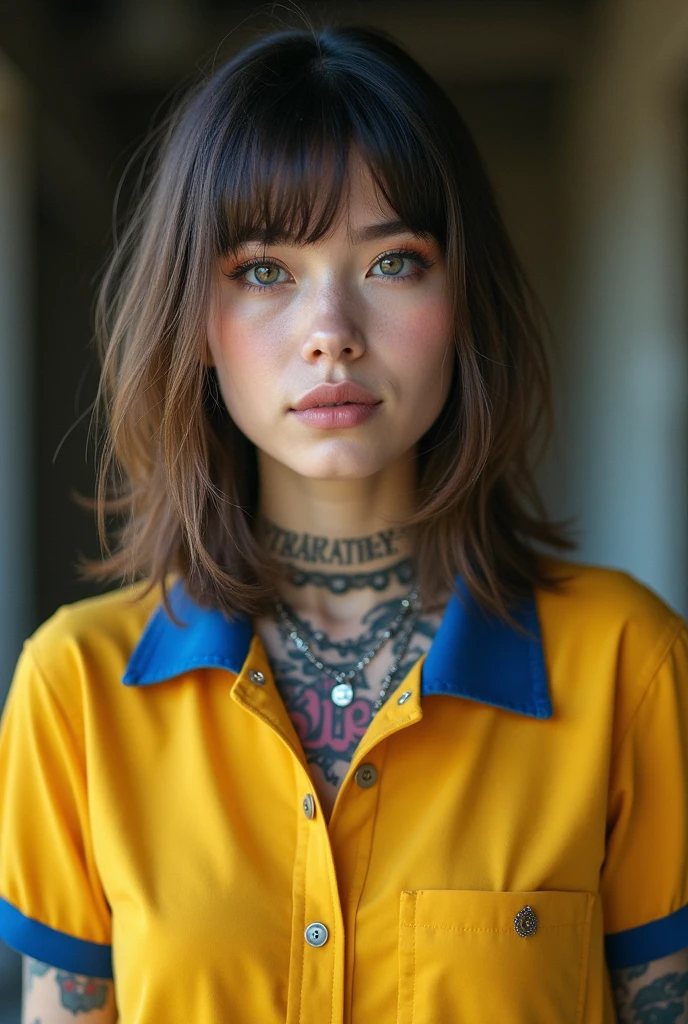 garota jovem (approximately 20 years old) straight hair with bangs, your ethnicity is white. Several tattoos on the body. Various piecings on the face. Wears a yellow polo shirt with a blue collar.
