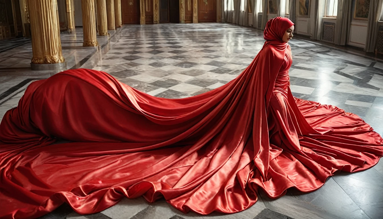 A woman shrouded in a 10-meter-long, plush red satin cloth, tightly bound and grandly draping along the form of her body, flowing off into a pooled floor-length train, styled in a mermaid-inspired outfit, her head modestly veiled in a satin hijab, tall woman, outdoor, a full-body pose conveying a sense of mysterious elegance, captured in a 4k resolution, ultra-realistic