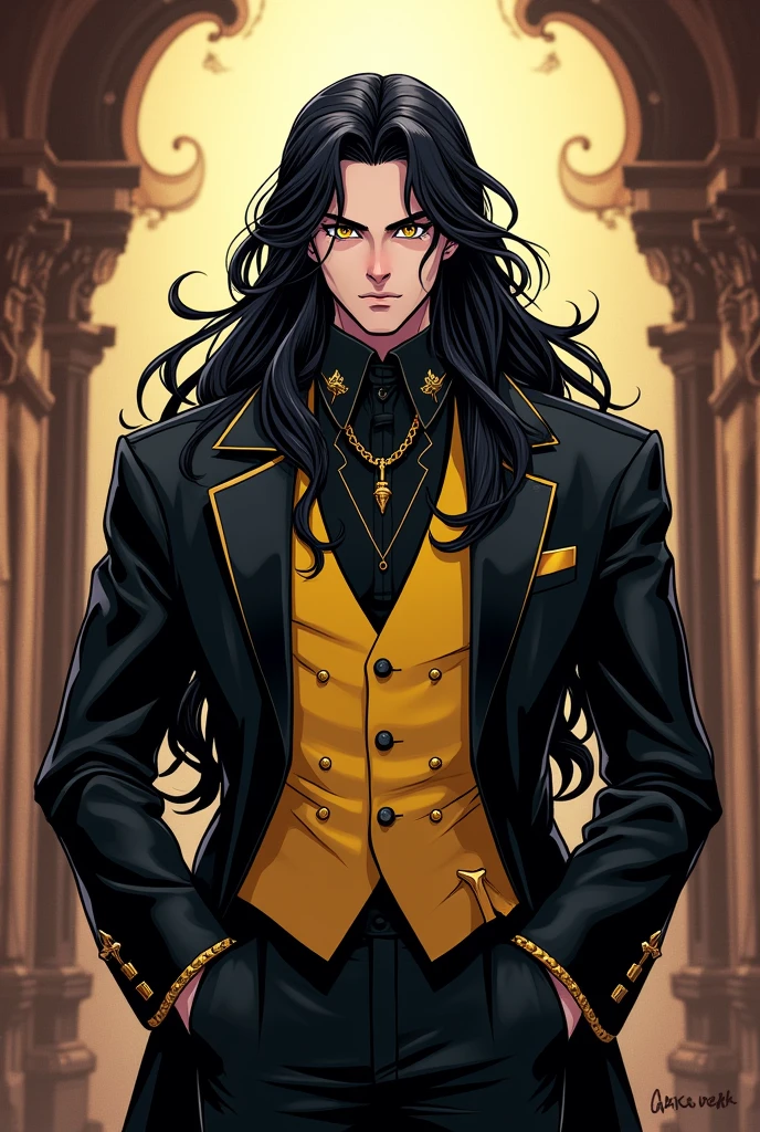 Create a comic and anime style image of my character: It's called Dahak, lives on earth. stomach 1.97, Her hair is black, long to the sternum and wavy.. Her skin is white with pink undertones.. His eyes are golden and his pupils are slanted. He is 2. His body type is inverted triangle. (shoulders wider than hips), Your somatotype is mesomorphic, He is muscular and strong. has a serious expression. He is dressed in an elegant black suit with gold details., and a yellow vest. His jacket has a gold chain clasp.. It has no horns or wings.. He has black leather gloves on his hands.. She has bushy eyebrows and thick, beautiful eyelashes.. He is very handsome. And it's in his 1800's Victorian style mansion. He looks handsome. And his features are masculine but soft..