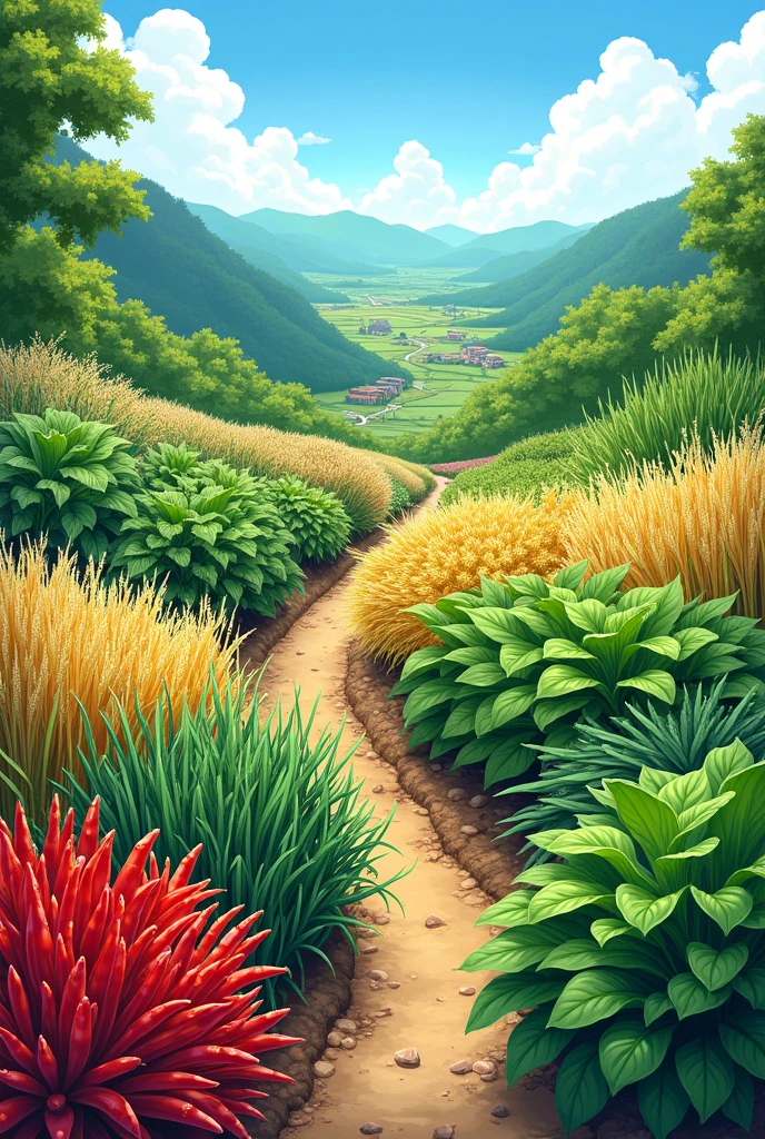 Please create a drawing of a vegetable garden for making Sundubu Jjigae using the following plants: • Sesame seeds • Chili peppers • Chili peppers/sticky rice/soybean/ข้าวบาร์เลย์
•	ต้นกระเทียม
•	ต้นพริกไทย
•	ต้นหอม
•	พริก
•	ต้นข้าว
•	soybean/wheat
