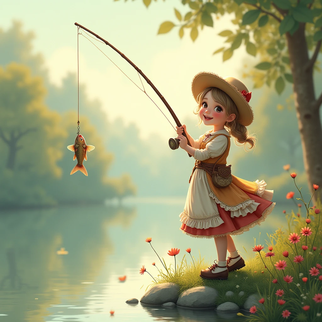 angler Fishing, scene of pure joy and happiness, Cute Victorian drawing art style, combines Victorian-era elegance with cute aesthetics, soft and pastel colors, dynamic and charming compositions, captures the essence of cute and historical worlds, professional-grade execution, evokes a sense of vintage charm and cuteness, (best quality, masterpiece, photorealistic), very aesthetic, perfect composition, intricate details, ultra-detailed, vivid colors