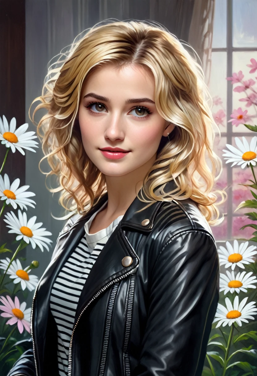 A classical style oil painting of a young woman with wavy blonde hair, white daisy in hair, deep brown eyes, wearing black leather jacket over striped blouse and gray skirt with pink flowers. Serene expression with warm lighting and elegant and refined atmosphere.