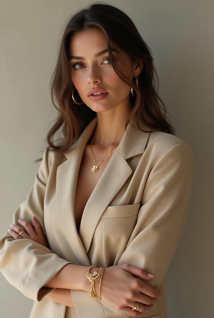 a woman wearing a minimalist fashion outfit, muted colors, KOAJ logo, high quality, photorealistic, studio lighting, detailed facial features, beautiful detailed eyes, beautiful detailed lips, extremely detailed face, long eyelashes, dynamic pose, dramatic lighting, moody atmosphere, fashion editorial, editorial photography, high-end product photography, luxury apparel, premium brand identity