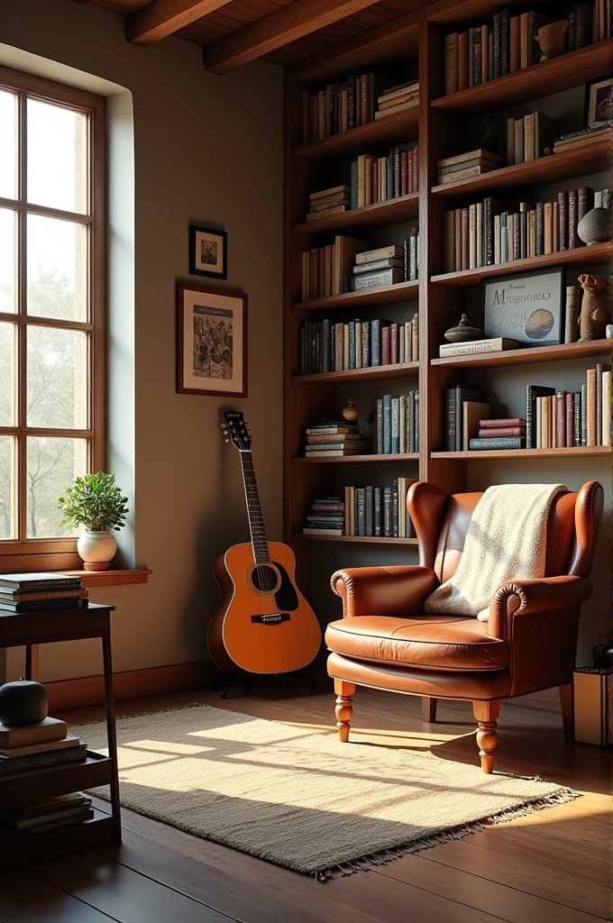 Create organized room images, with books, a guitar and no electronic devices
