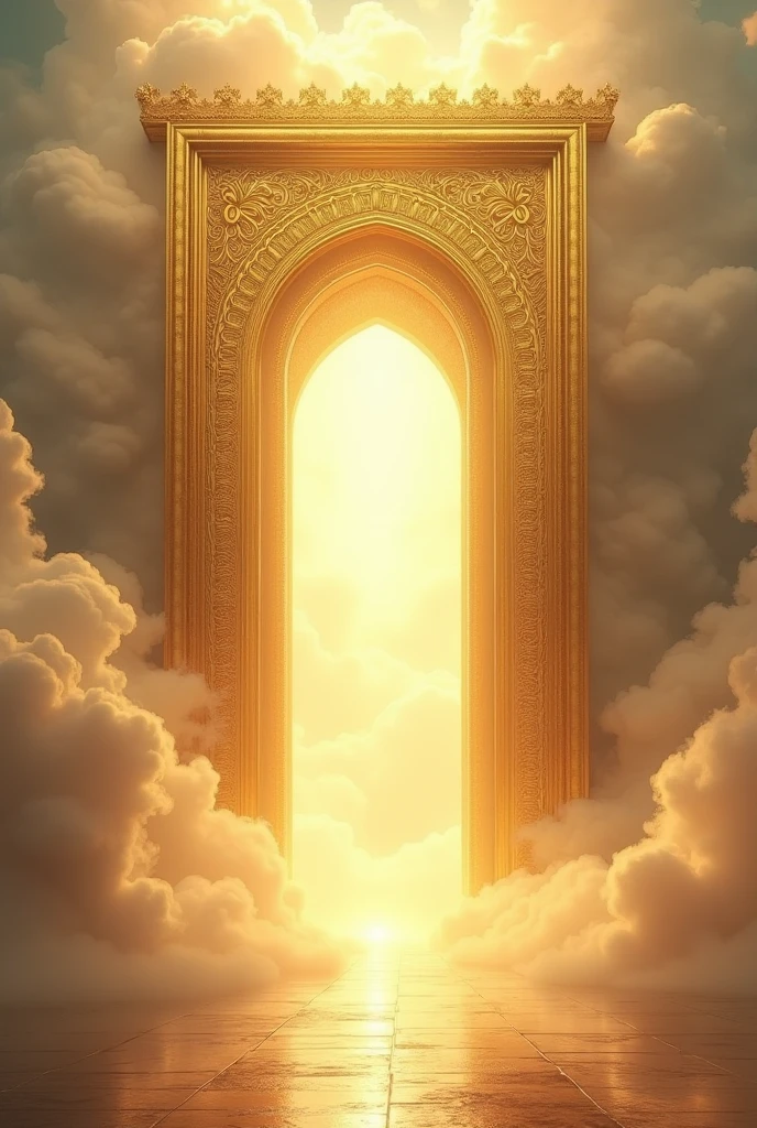 golden arch that is the entrance to heaven between clouds and lots of light