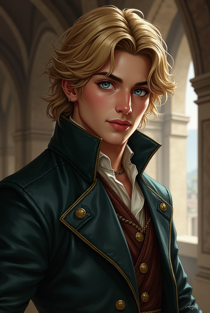 A bard, Mediovale, masculine, naughty man, Youngh, age 25, blue eye, blond, loose, shoulder-length hair, rich face, in the style, gallant face, snobbish face, the way you want