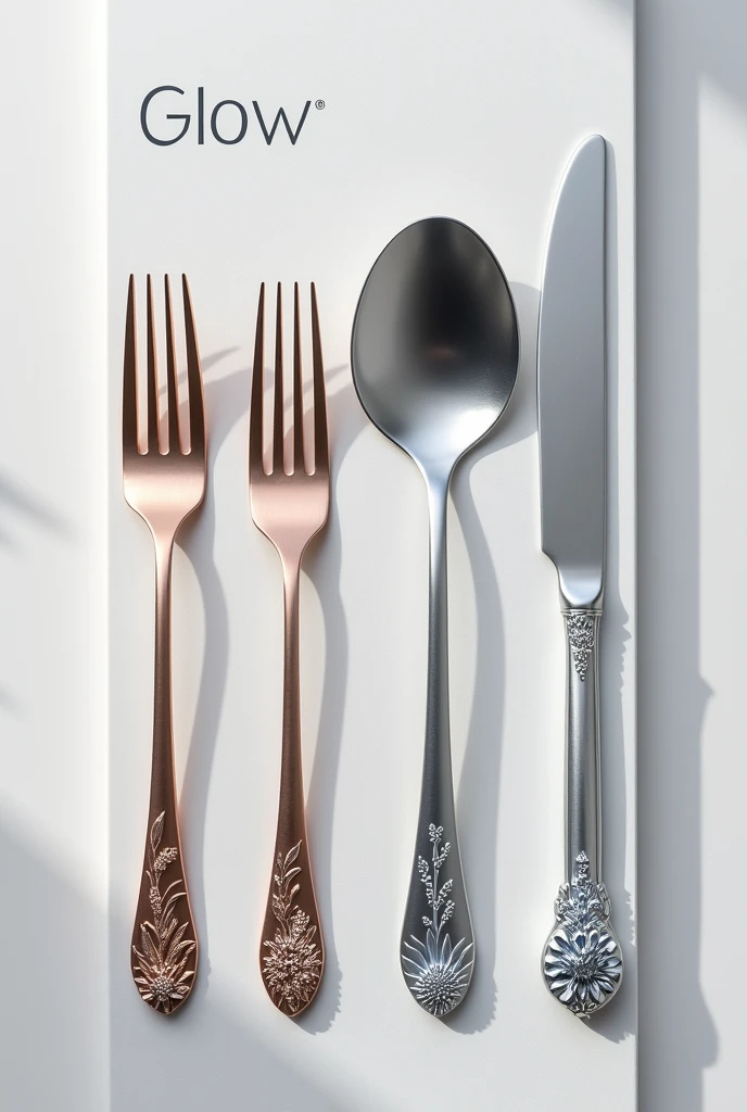 Create for me modern metal forks, in soft tones like, Plata, Rose Gold and a touch of light blue on the top of the fork will be your brand name, "glow", at the bottom at the tip of the fork, there will be some flowers, the flowers carved into the fork handle may be lavender colors, tulips, Jasmim, among other modern and beautiful flowers to highlight the fork the place box will be simple and delicate and also sophisticated, with white and matte background, and the logo in silver relief