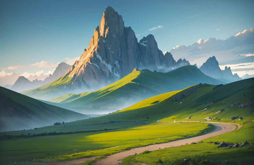 a majestic mystical steppe landscape in the dark. green landscape and green mountains. mountains and hills in the background.