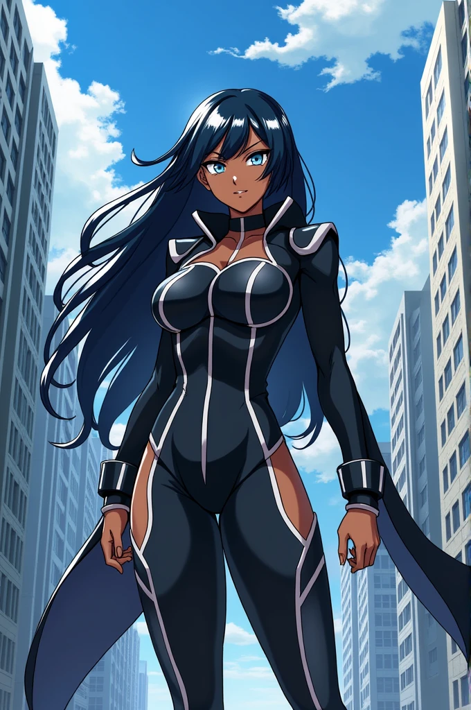 My hero academia female gender long wavy black hair with white highlights in the front light blue eyes dark skin full body