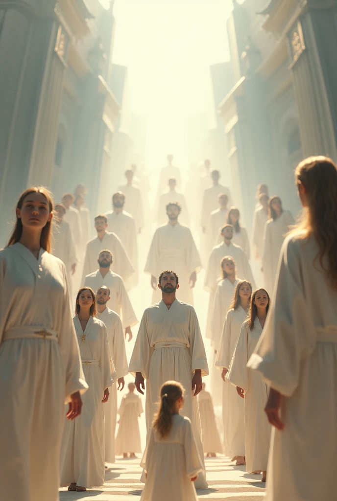 Create people, men and women and children dressed in white robes ascending to the sky in a city square
