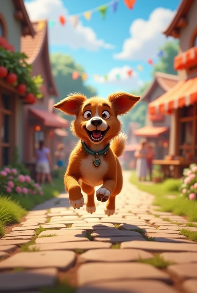 Dog is shown escaping from his leash at home, determined and running towards the festival. The background shows the village path leading to the festival area, with Bruno sprinting at full speed, ears flapping and eyes focused.