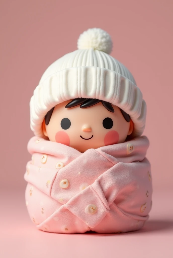A play mobil toy figure only has a face :) static baby girl with white hat pink blanket with smiley face in a baby carrier