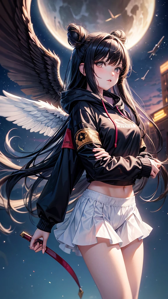 There is a woman with wings and a planet in the background, 3D rendering of a cute anime girl, de Trevor Brown, unknown zodiac sign, inspired by Illarion Pryanishnikov, black hair girl wearing hoodie, Dark skin, normal looking lips, not so long hair, red color trend in artstaion, qifenglin, poster, technological clothing, low angel