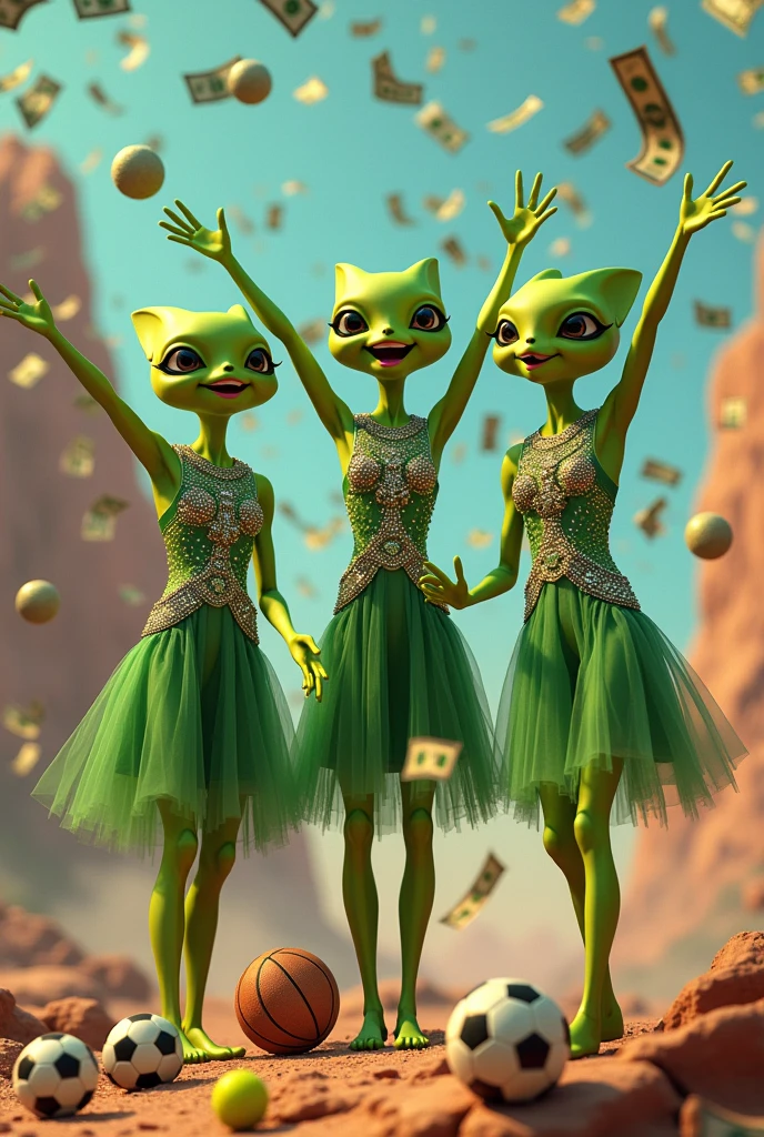 Image of 3 green Martians from another planet celebrating, celebrating a victory with lots of money falling from the sky, jeweled dresses, and a soccer ball, tennis and basketball rolling, with money also in the air and on the ground