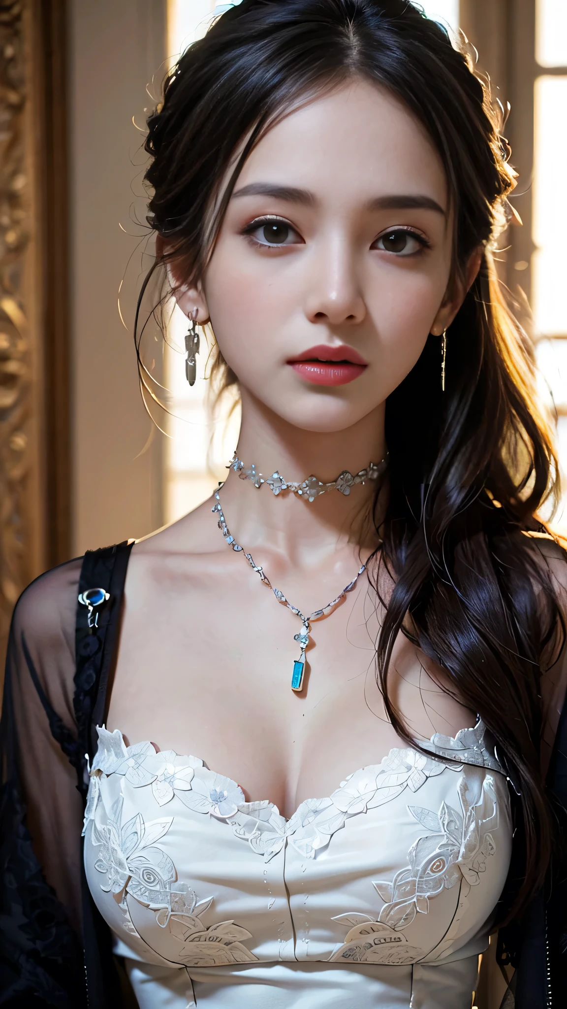 ((masterpiece:1.4)、(Highest quality:1.4)、(Realistic:1.7))、Masterpiece:1.4、Pretty Girl 0.3、(1:1.4)、cute、(Portrait Photography:1.4)、(Close-up photo:1.7)、(An outfit that emphasizes beautiful breasts:1.4)、Sharp focus:1.5、Detailed eyes、double eyelid、{Long Hair}、Beautiful woman with perfect figure:1.4、Perfect proportions:1.4、(Anatomically correct body shape:1.4)、well-proportioned and beautiful udder:1.2、Upper body photo shoot:1.2、Beautiful expression、Resistance、Dark Background、ponytail、Nikon SLR D6、Natural light、Lighting technology that creates beautiful expressions、Ideal lighting、RAW Photos、Red lips、Beautiful face with long face、choker:1.4、necklace:1.4、Earrings:1.4、1 Screen Display