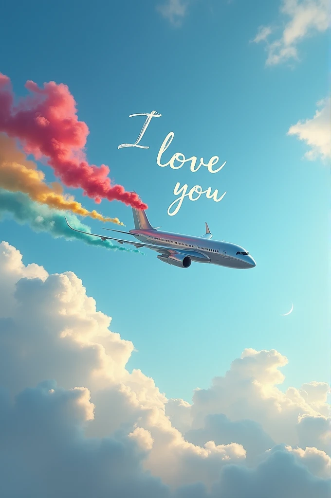 Airplane in the sky with colored smoke and in the sky letters of I love you