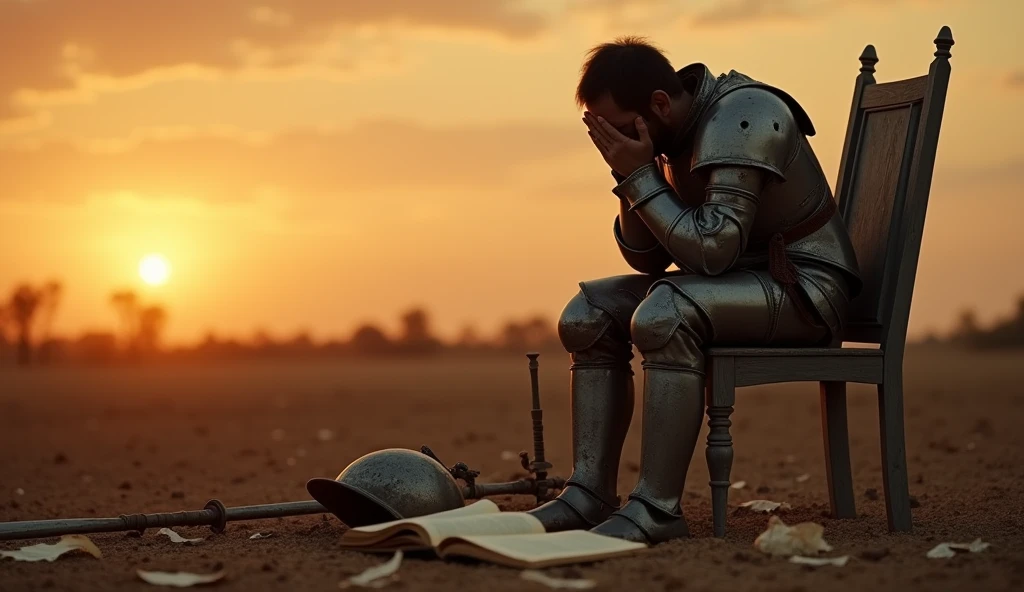 Cinematic plan , Don Quijote of La Mancha, with his old and rusty armor, sitting on a poor chair with his hands on his head, in the middle of a dry field, cries inconsolably . At his feet , on the floor, along with his helmet and broken spear, the torn pages of a book. sunset backlight , image of loneliness, sadness, despair.