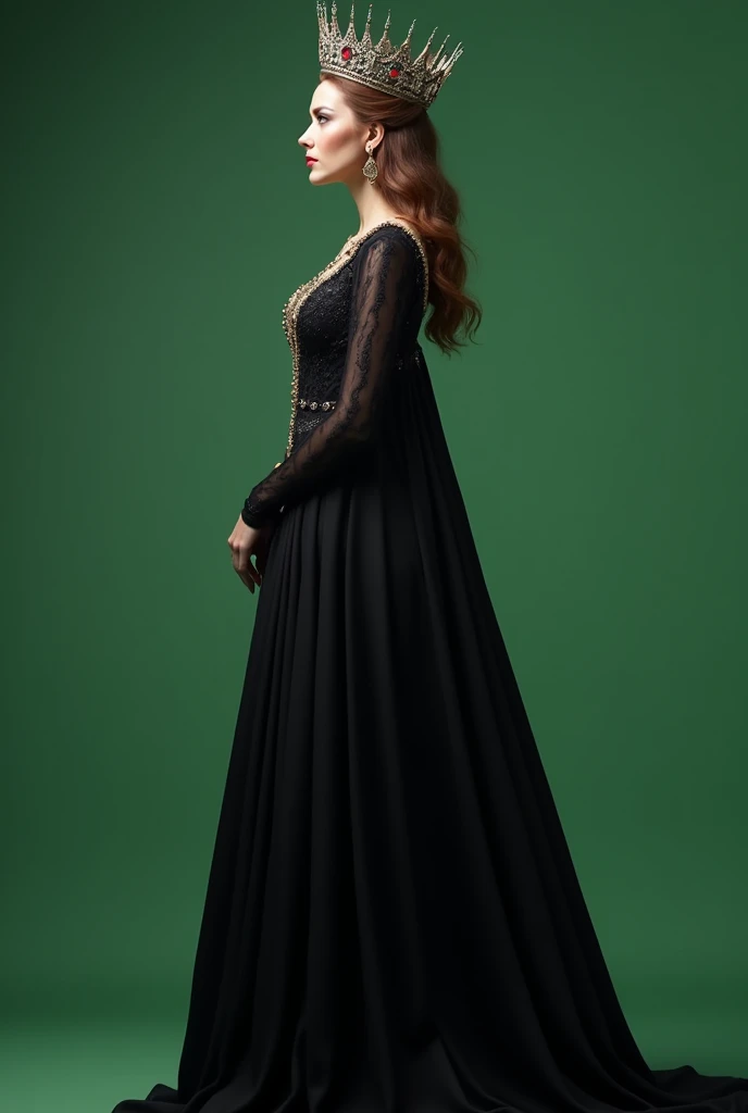 crown on the head ,A queen , black queen dress, side full viewed , long view 
, plain green screen background 