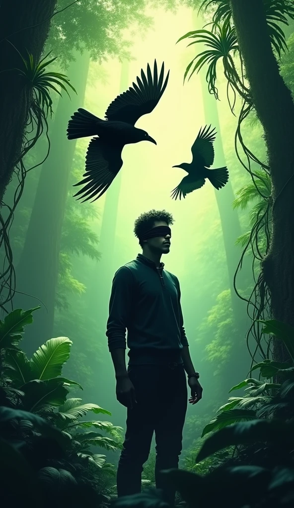 Blindfolded man in the jungle with two black birds flying over his head