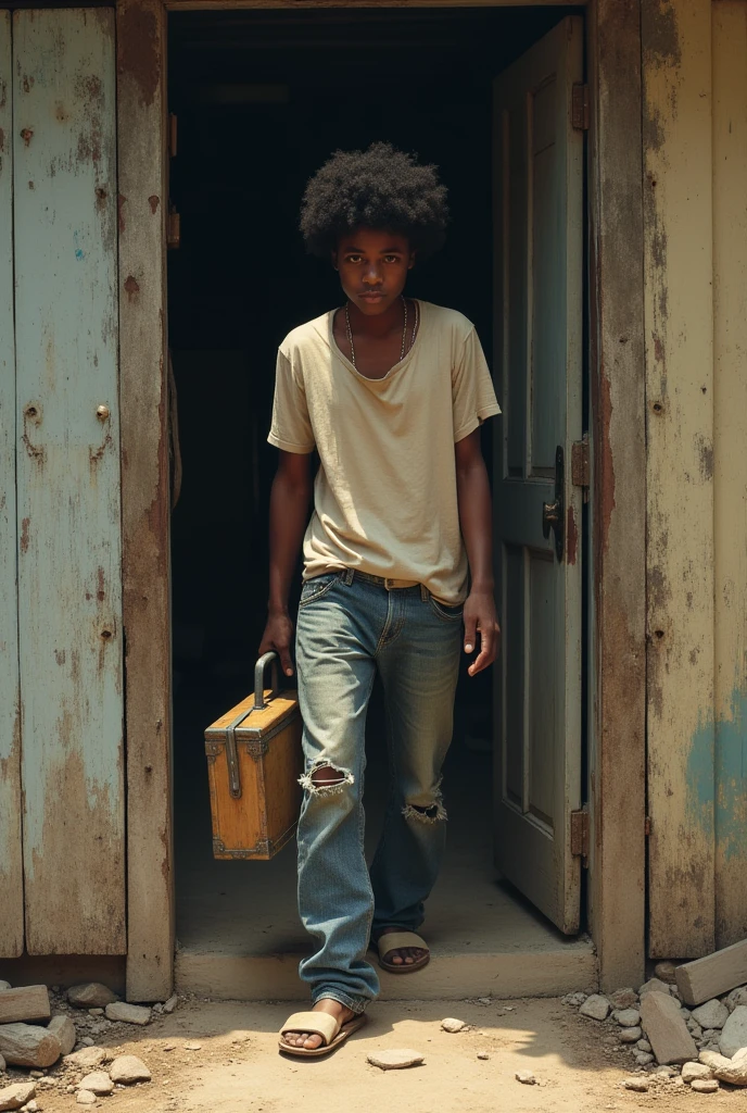 A young poor guy with middle afro hair, short in height, dressed in torn jeans and t-shirt, wearing bathing slippers, with a wooden tool box in his hand, stepping out from an old plank house in the ghetto areas