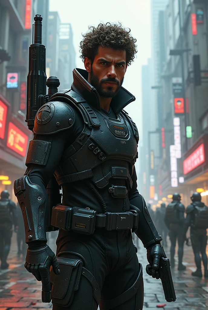 Brazilian man 2, brown curly hair, Caucasian skin , eyes browns, failed beard, futuristic combat suit, weapon on back, pistol in right hand, futuristic city of thieves and robots.