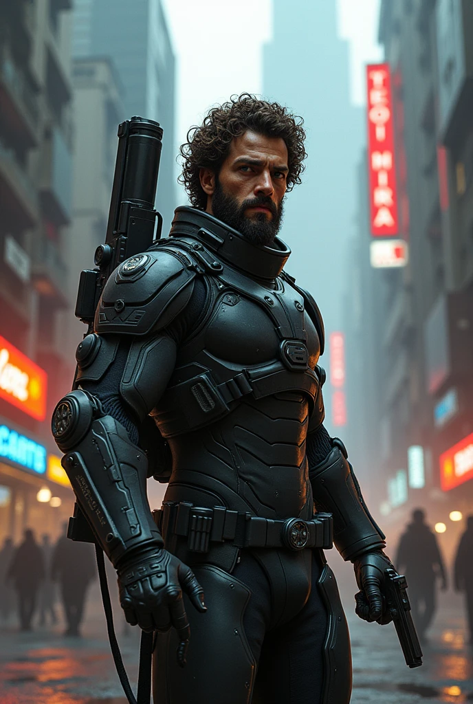 Brazilian man 2, brown curly hair, Caucasian skin , eyes browns, failed beard, futuristic combat suit, weapon on back, pistol in right hand, futuristic city of thieves and robots.