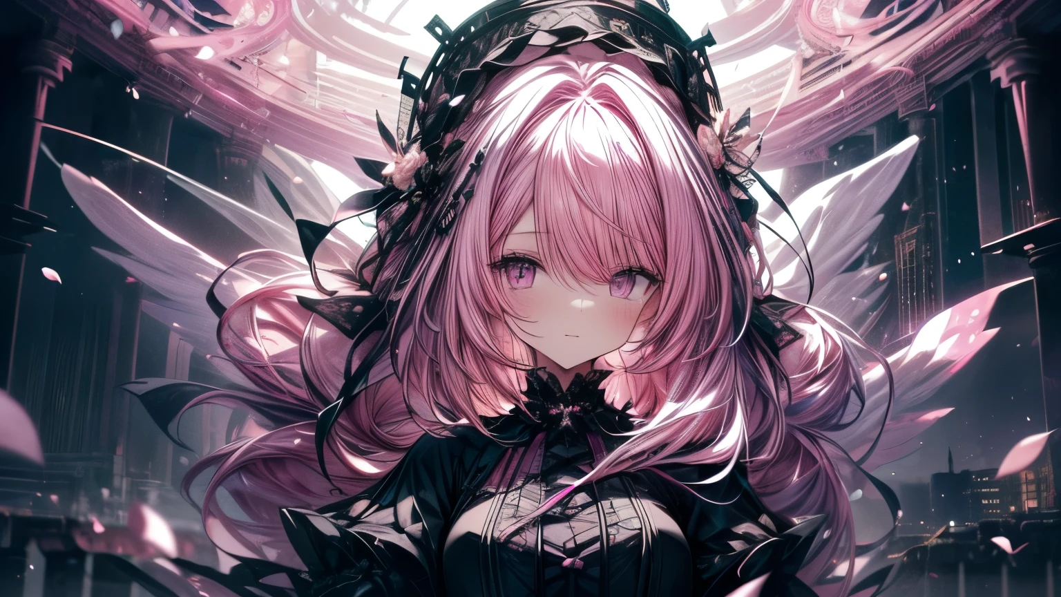 4K quality:1.2,1girl,sense of deps,disorganized,catch light,super beautiful illustrations,falling petals,(((pink hair,long hairstyles:1.3))),eye shadow,((black clothes,gothic lolita)),Upper body,;D,beautiful and delicate flowing hair,((Delicate and detailed beautiful purple eyes)),angel wings,emphasized chest,skyline
