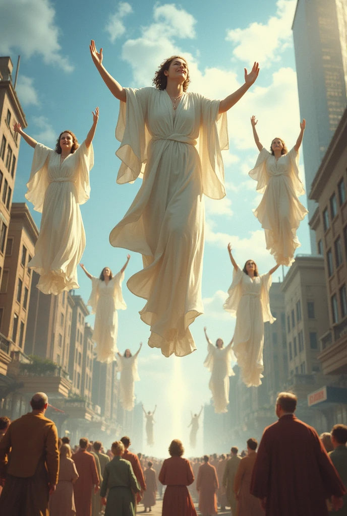 Create people, men and women and children dressed in white robes flying into the sky in a city square 