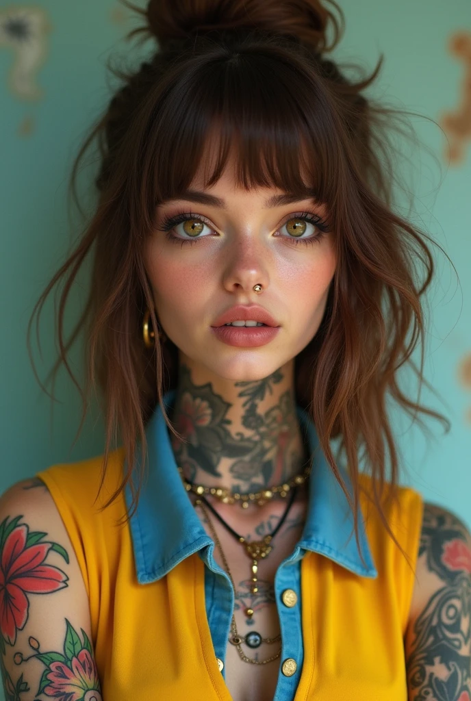 garota jovem (approximately 20 years old) straight hair with bangs, your ethnicity is brown. Several tattoos on the body. Various piecings on the face. Wears a yellow polo shirt with a blue collar. Your hair is big. Fine lines on the face.