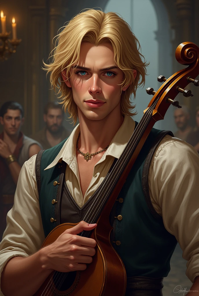 A bard, Mediovale, masculine, naughty man, Youngh, age 25, blue eye, blond, loose, shoulder-length hair, rich face, not anime style, gallant face, snobbish face, the way you want