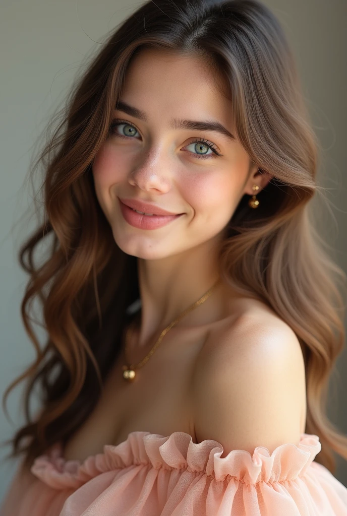 Woman 19 years, blue eyes, Brown hair, Smiles, gown