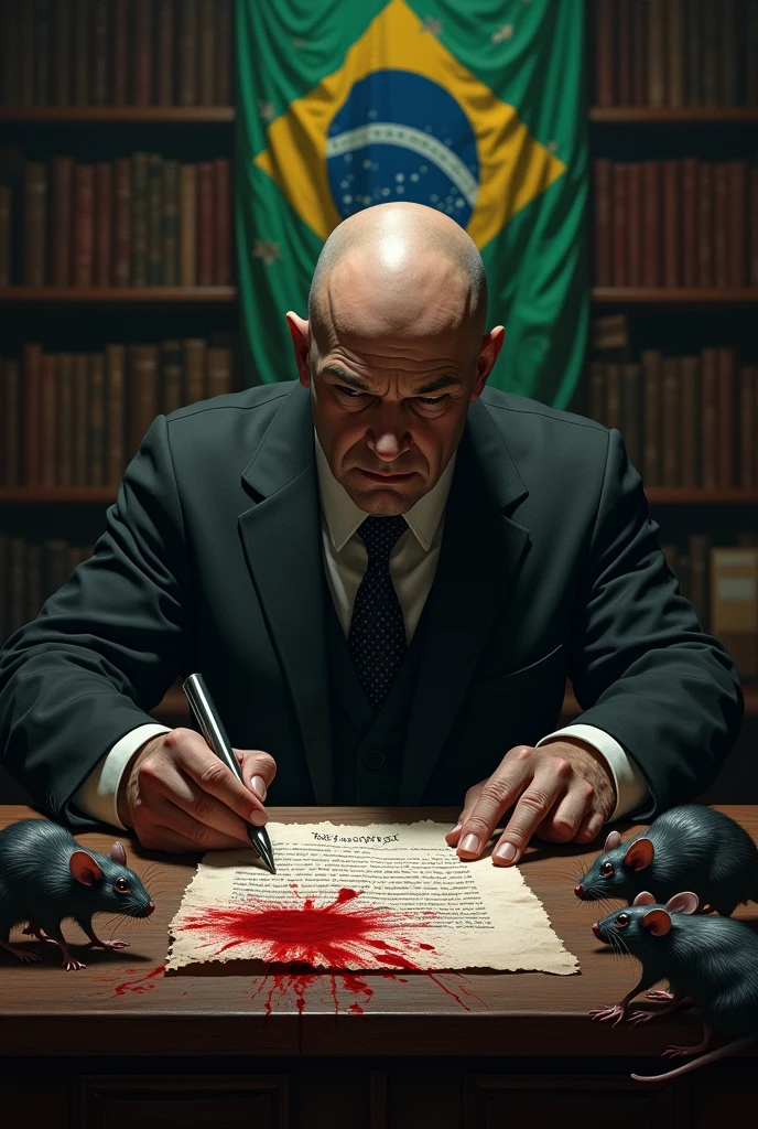 Create a very realistic and macabre scenario where an authority is in a judge&#39;s office. This authority signs a blood-stained document and rats run over the document on the table. Place a bookshelf with books behind the table with a torn and dirty Brazilian flag behind it. This authority is completely bald and has a somber expression. 