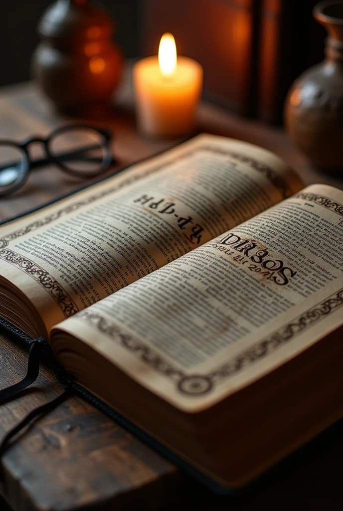 "Create a detailed and realistic close-up image focusing on a Christian Bible. The Bible should be prominently displayed on a surface such as a wooden table or a desk, with its cover open to a specific page. Highlight the intricate details of the Bible's cover design, such as embossed text or decorative elements, and the texture of the pages. Use soft, focused lighting to emphasize the rich, aged quality of the Bible, capturing its significance and reverence. Surround the Bible with subtle elements like a pair of reading glasses or a lit candle to enhance the atmosphere of contemplation and study."