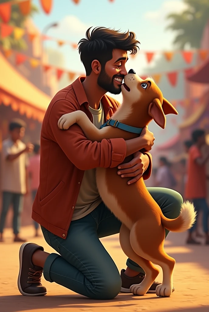 A moment of reunion where Dog finds Rahul in the middle of the crowd. Bruno is jumping up on Rahul, and Rahul is kneeling down with tears of joy in his eyes, hugging Bruno tightly. The busy festival continues in the background, but the focus is on their emotional reunion.