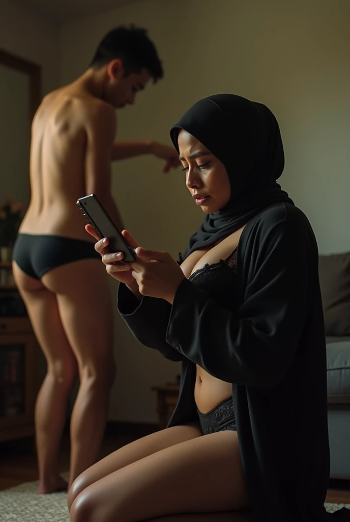 dramatic scene where a son found out that his mother has a naked picture in her phone, son blackmailing mother to undress, mother embarrassed, the mother is a beautiful indonesian woman, with features similar to Nora danish (40 yo beautiful celebrity, woman with slim body and medium saging breast mid short hair),  yo teenage nerd boy, the mother kneeling in front of his son, begging her son to forgive her. mother is wear hijab, she wear black victoria secret sexy lingerie and has an ashamed expression on her face. The son naked and show his cellphone to his mother, the mother pleads with tears in his eyes,the scene is captured in the living room at afternoon, intense emotions, cinematic, dramatic angles, gritty realistic style, chiaroscuro lighting, intense facial expressions, vulnerable poses, sensitive content, powerful storytelling