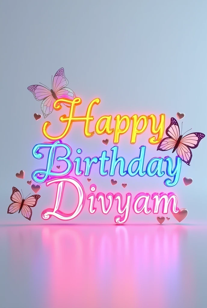 A captivating 3D glass render of the word " happy birthday Divyam" skillfully crafted into an elegant and sophisticated logo. The name is written in a graceful, flowing font, adorned with a tiny heart and a mesmerizing transparent, iridescent butterfly. Each letter is illuminated with vibrant neon shades of pink, blue, yellow, purple, green, and orange, adding a touch of modernity and charm. The logo stands out brilliantly against a clean white background, serving as a striking centerpiece. This enchanting design would be an ideal choice for a cinematic poster or architectural rendering, commanding attention and versatility across various applications.,
illustration, cinematic, 3d render, poster,typography, architecture, photo