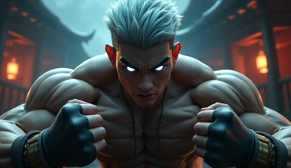 Hyper Focus Portrait, silver haired asian teenage boy, neon white eyes, realisitic, a very muscular body in the renatosphere, epic 3D realism, swollen muscles, large fists, best in wlop, kan liu, daz3d, trends in CGsociety, estilo realisitic hiperdetalhado, completo cosplay, by Ric Nagualero, album, hyung tae kim, 8k, irreal engine 5, film composition, retratos realisitics hiperdetalhados, 3D game art, CG Society, Fantasyart, hd art of season, estética realisitic, cinematic lighting, border light, smooth light, border light de filme, fine glow, ultradetailed, 8k, uso realisitic de luz e cor, cinematic light, rendered in cinema4d 500–1000 AD -- ar 3:4- Niji 6