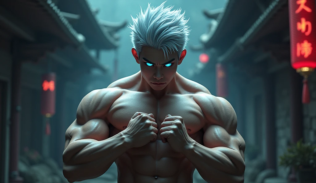 Hyper Focus Portrait, silver haired asian age boy, neon white eyes, realisitic, a very muscular body in the renatosphere, epic 3D realism, swollen muscles, large fists, best in wlop, kan liu, daz3d, trends in CGsociety, estilo realisitic hiperdetalhado, completo cosplay, by Ric Nagualero, album, hyung tae kim, 8k, irreal engine 5, film composition, retratos realisitics hiperdetalhados, 3D game art, CG Society, Fantasyart, hd art of season, estética realisitic, cinematic lighting, border light, smooth light, border light de filme, fine glow, ultradetailed, 8k, uso realisitic de luz e cor, cinematic light, rendered in cinema4d 500–1000 AD -- ar 3:4- Niji 6