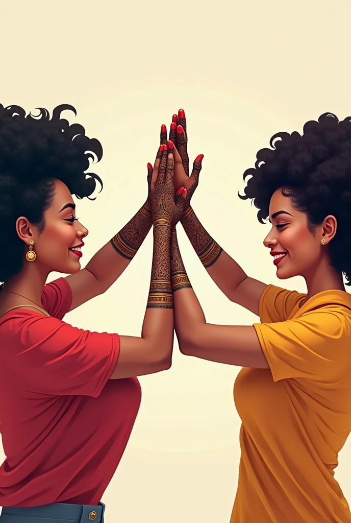 Two female high five hard with mehndi in hand

