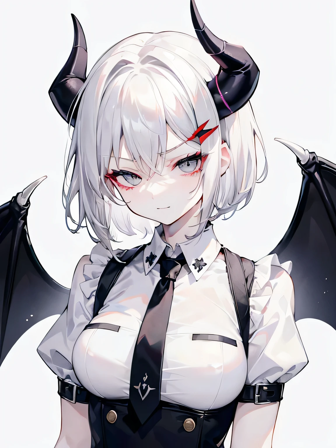 adult woman, White hair, (shoulder-length hair), ((grey eyes)), police uniform, cute face, Pretty appearance, anger, Fury, anger, Killer Look, sadistic smile, Demon Wings, lightning and wind, closed mouth, closed clothing, (((plain background))), (horns), Demon Girl, short hair