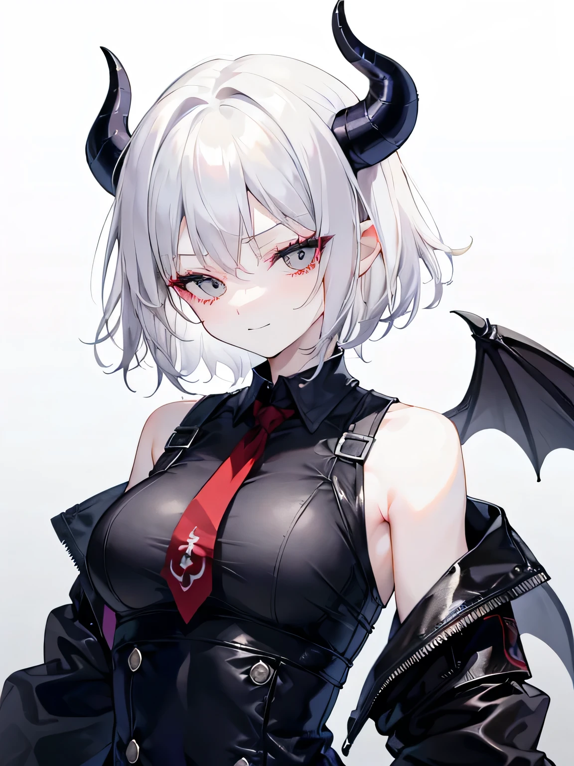 adult woman, White hair, (shoulder-length hair), ((grey eyes)), police uniform, cute face, Pretty appearance, anger, Fury, anger, Killer Look, sadistic smile, Demon Wings, lightning and wind, closed mouth, closed clothing, (((plain background))), (horns), Demon Girl, short hair