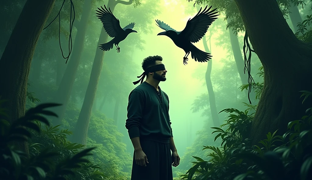 Blindfolded man in the jungle with two black birds flying over his head