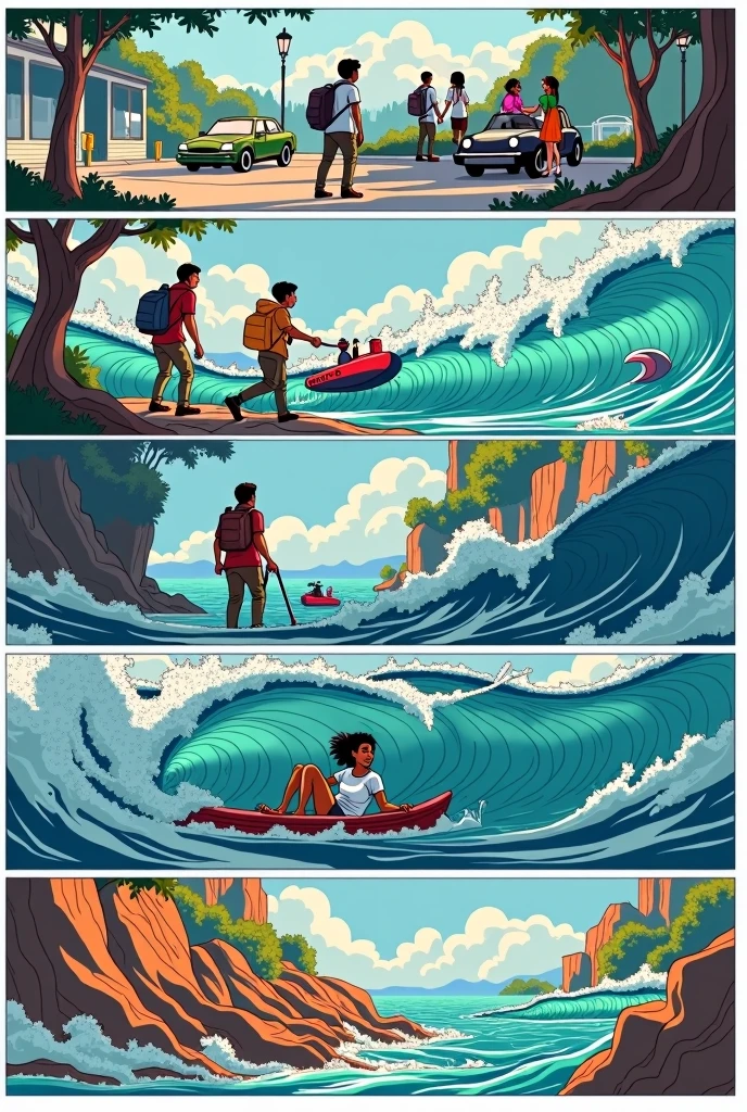 Comic strip of 10 scenes where the concepts of waves and the Doppler effect are applied