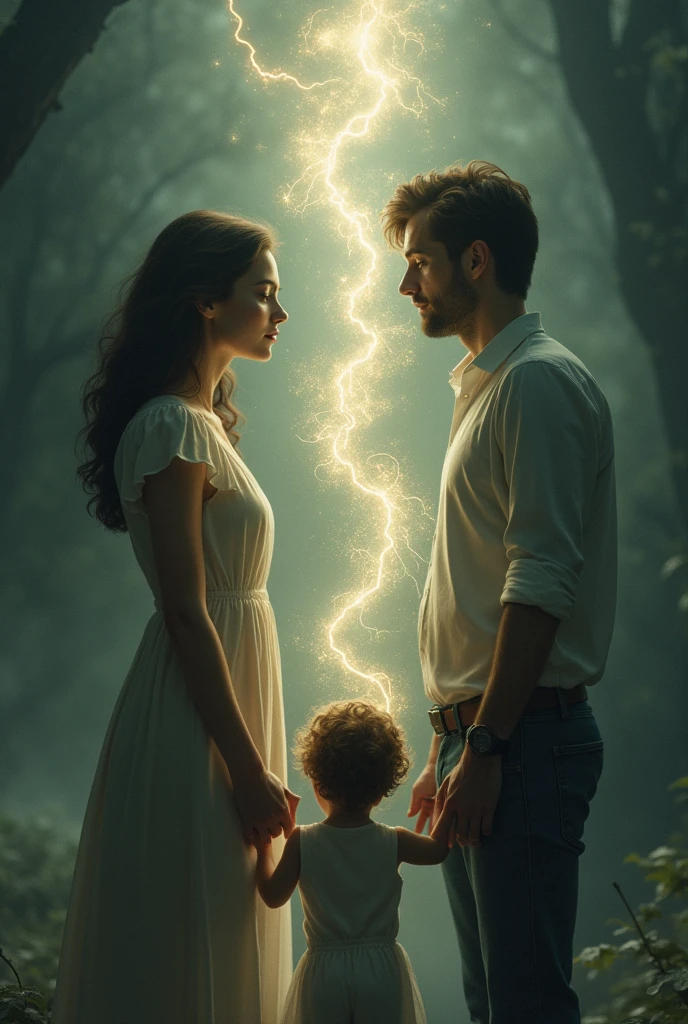 Create an image of a loving couple being separated by magic while a child is cured of terminal cancer as they cry, the couple should look like the first one 

