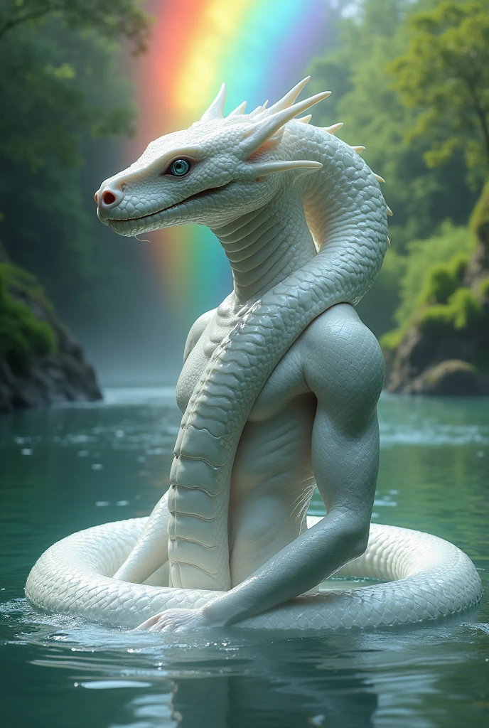 A man who is half man and half white snake who bathes in a river with rainbows 