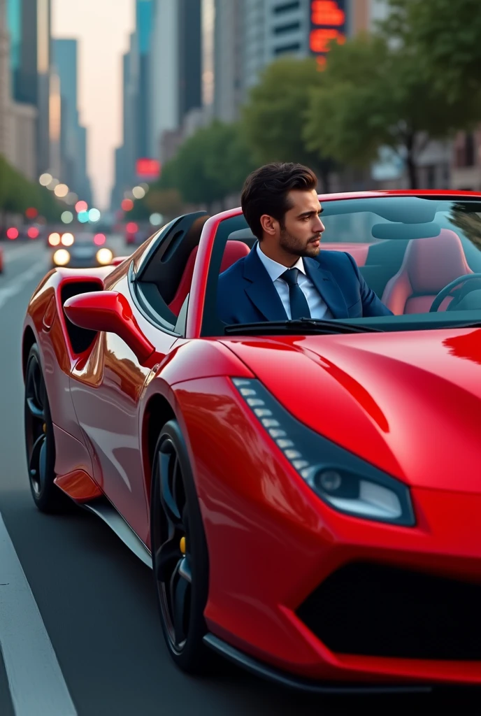 Red car with a Pakistani man wearing blue suit well grommed
