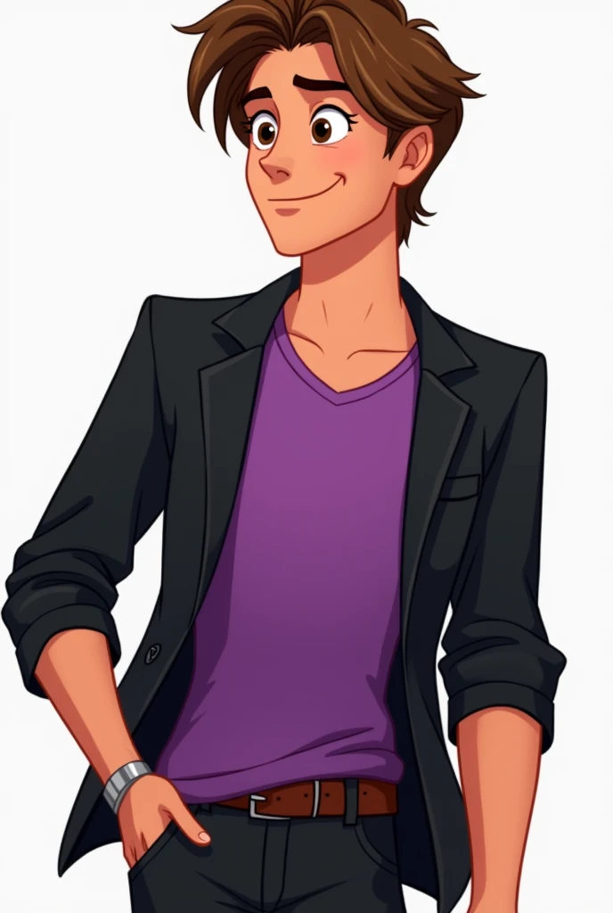 Animated Flynn Ryder in purple t shirt and black blazer