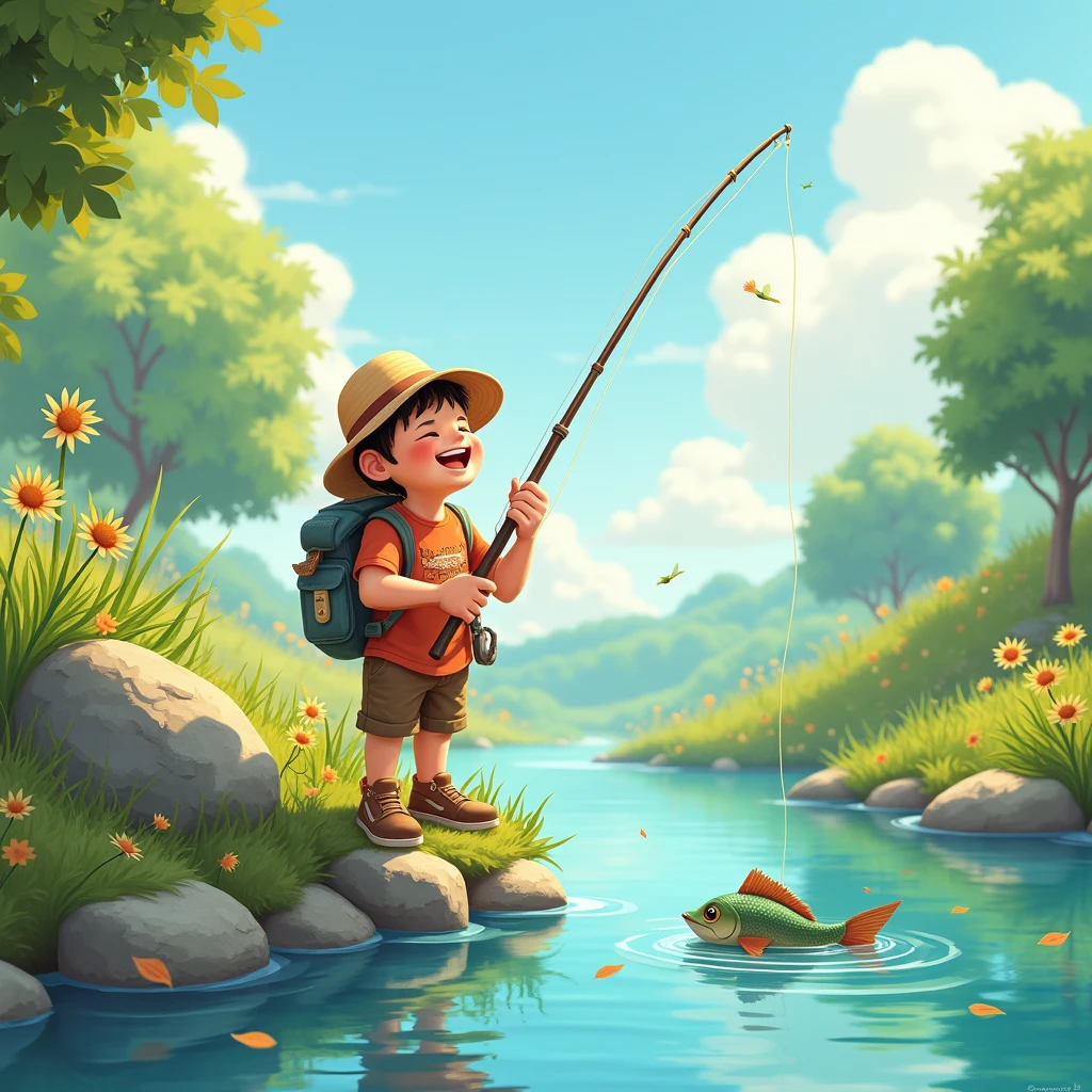 angler Fishing, scene of pure joy and happiness, Children's book illustration style, whimsical and charming imagery, bright and playful colors, engaging characters and storytelling, cartoon, (best quality, masterpiece, photorealistic), very aesthetic, perfect composition, intricate details, ultra-detailed, vivid colors