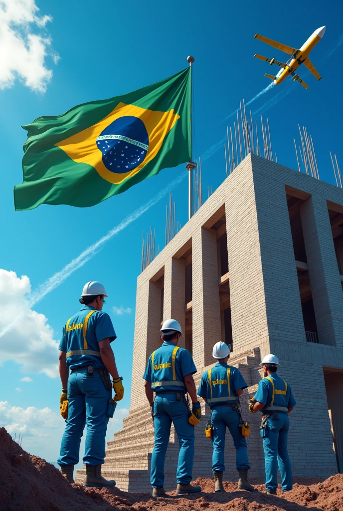 Realistic 8K image showing bricklayers working on the construction of the Planalto Palace, highlighting the building's iconic architecture. All workers are using Personal Protective Equipment (epis) blue in color, which include helmets, vests and gloves. Ao fundo, there is a Brazilian flag highlighted, symbolizing September 7th. The sky is a vibrant blue, with planes writing the word 'URBPLAN' in green and yellow colors, in allusion to the celebration of Brazil's independence. The image has predominant tones of blue, reinforcing the connection with the visual identity of the building and the commemorative event